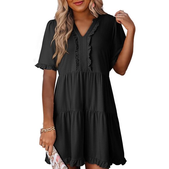 Women's Casual Mini Dress V-Neck Short Sleeve Flowy A-Line for Summer